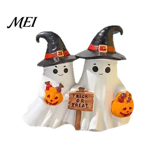 Wizard Hat Ghost Statues Halloween Figurine, Cute Spooky Resin Statue with Figurines for Desk Witch Table, Tiered Tray, Kitchen, Bedroom Decor