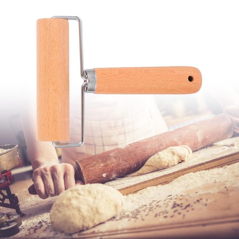 Ergonomic Handle Wooden Baking Roller With Steel Rings Rolling Pin For Effortlessly Dough Kneading And Space Saving