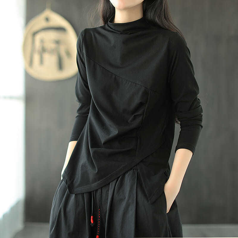 Literary Retro T-shirt for Women, Small Turtleneck, Irregular Pleated Bottoming Shirt, Versatile Temperament, Slimming Top