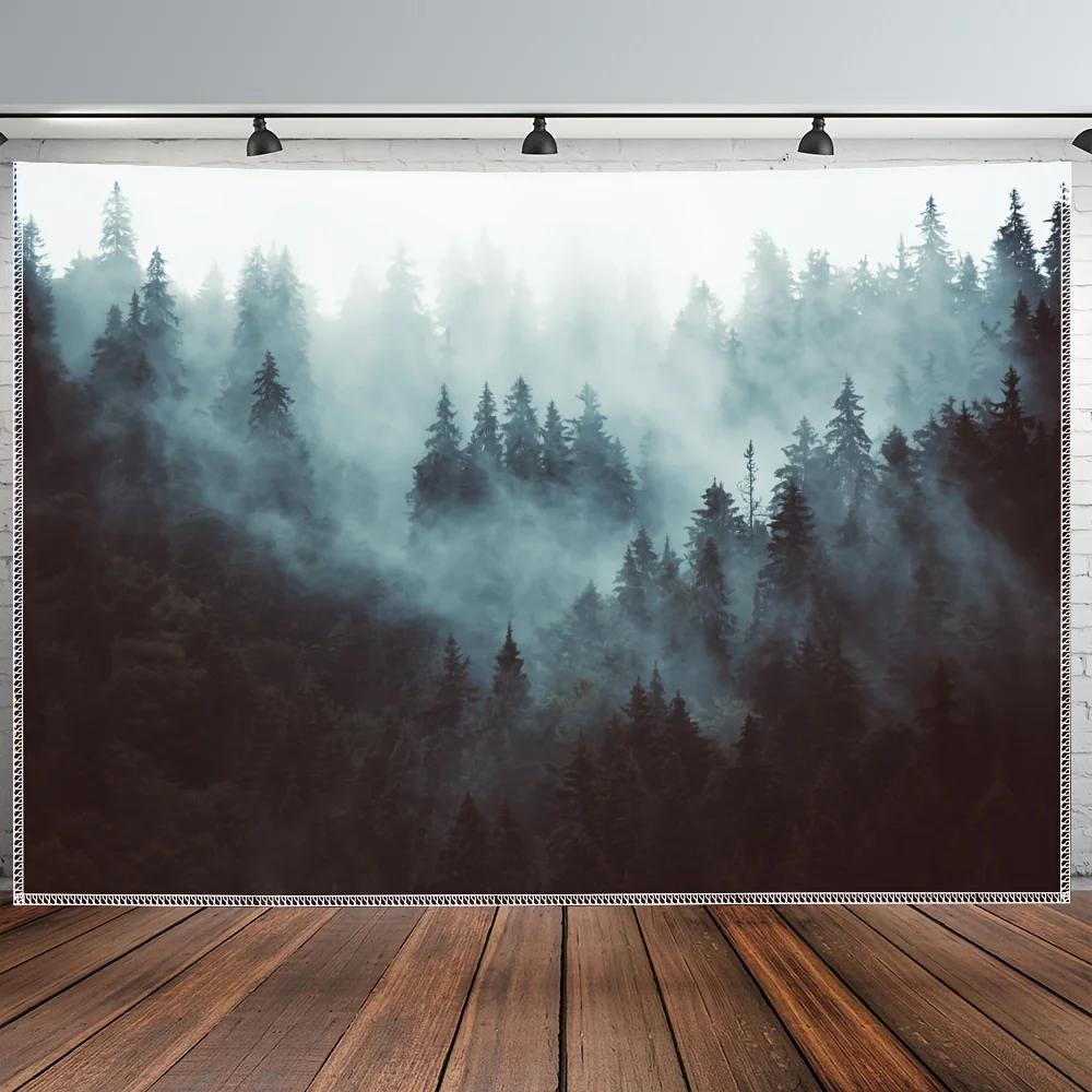 Forest and Mountains Foggy Tapestry Watercolor Landscape Wall Hanging Aesthetic Sage Green Decor For Bedroom And Living Room
