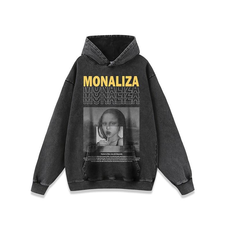 Oversized Vintage Washed Cotton Hoodie With Distressed Print Unisex Streetwear Long Sleeve
