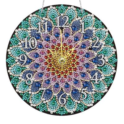 2D/Flat DIY Mandala Wooden Diamond Painting Ornament with Clock Function Diamond Painting Clock Pendant Home & Bedroom Decor