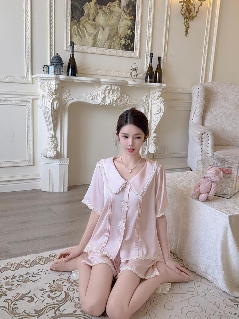 New French Ice Silk Pajamas for Women, Summer Short-Sleeve Lace Lace Fresh Girlish Solid Color Homewear Set