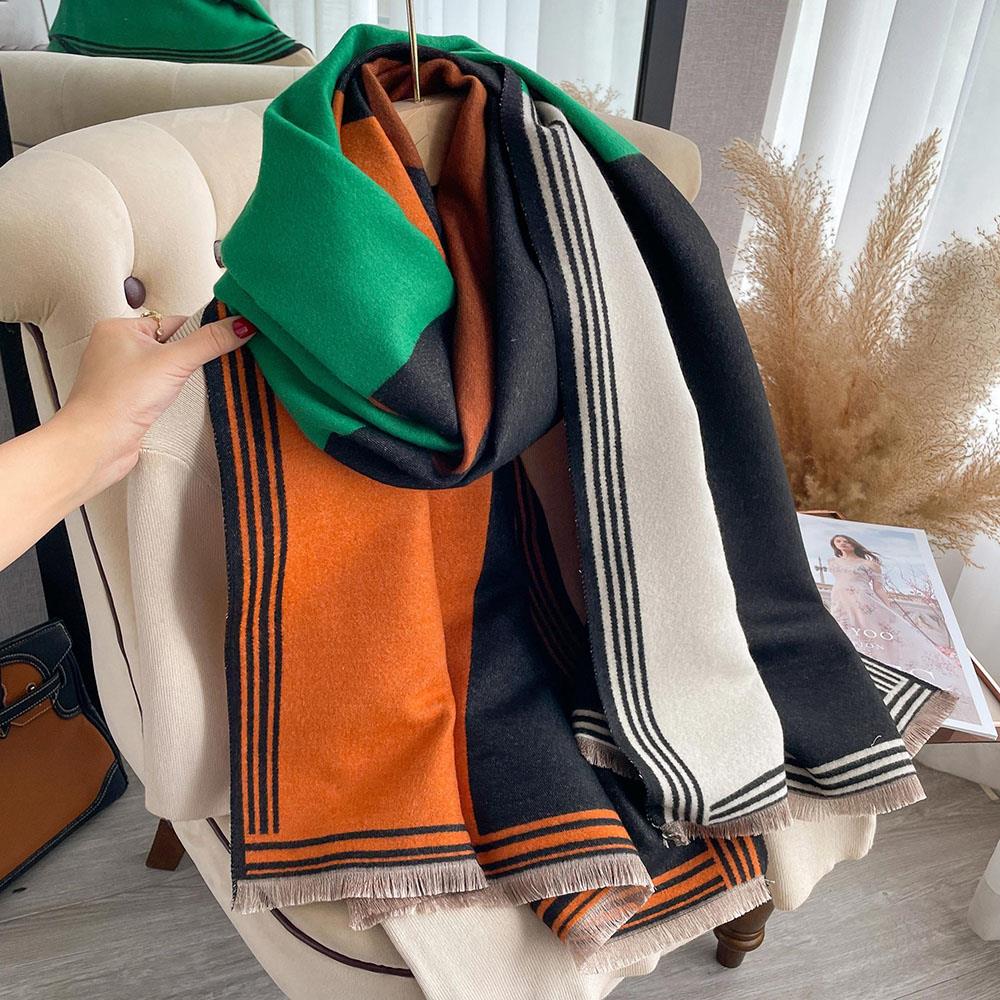 Outdoor Neck Warmer Scarves Geometric Splicing Colors Thick Cashmere Scarf Luxury Fashion Double Sided Neckerchief With Tassel