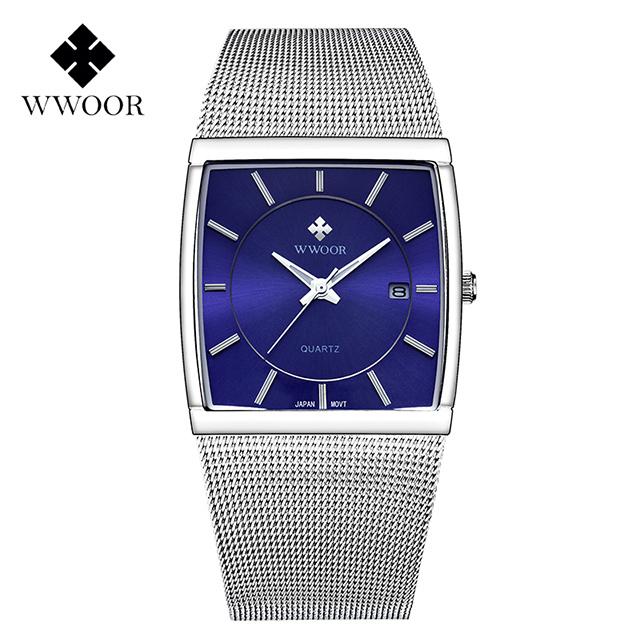 WWOOR Top Brand Men's Watches Business Luxury Square Men Quartz Clock Waterproof Date Stainless Steel Ultrathin Watch For Men