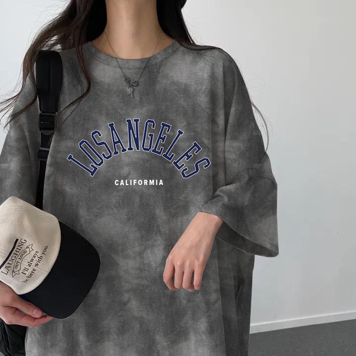 Plus Size Tie-Dye Mid-Length Casual Short-Sleeve Dress - Japanese Korean Style Summer Women's T-Shirt Dress