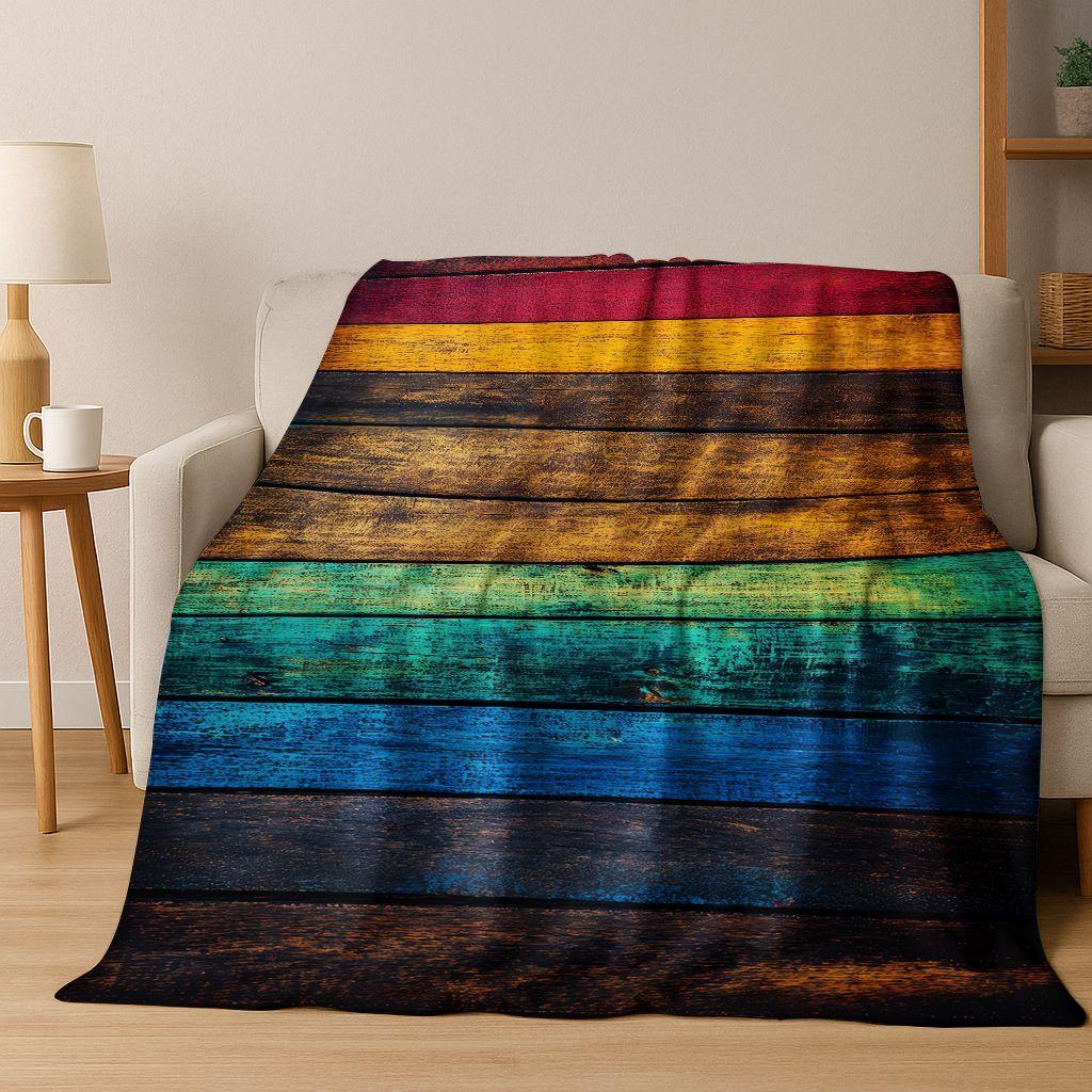 Regenboog Retro Houten Bord Zwart Bruin Houtnerf Flanellen Deken, Gezellige Zachte Plaid voor Huis Slaapkamer Bed Bankhoes Cadeau