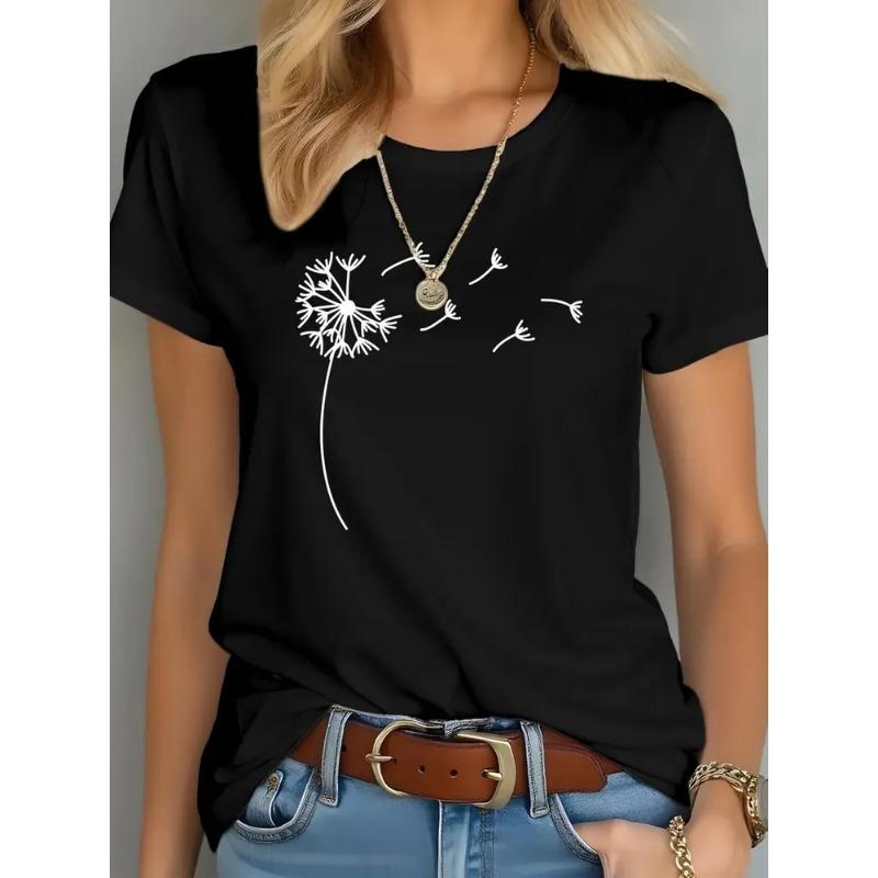 Summer Round Neck Flower Printed Top Fashionable Casual Short Sleeved Women's T-shirt