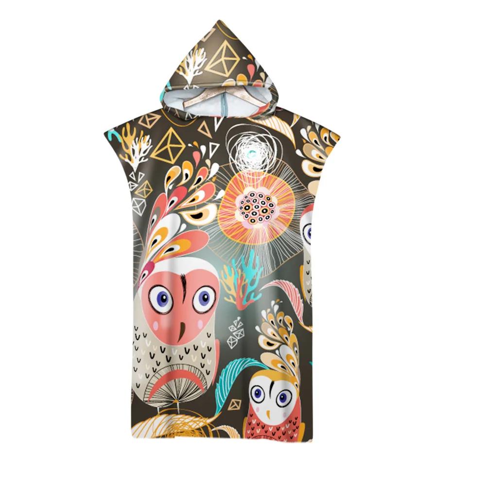 Hooded Bath Towel Robe Poncho Swimming Beach Towel Surf Man Lady Fast Quick Dry Bathrobe Beachwear-Floral Elephant Owl Pattern