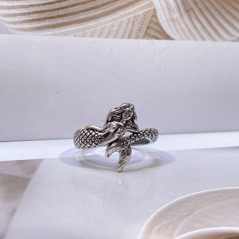 Adjustable Open Ring Men Women Vintage Mermaid Design Geometric Plated Statement Jewelry
