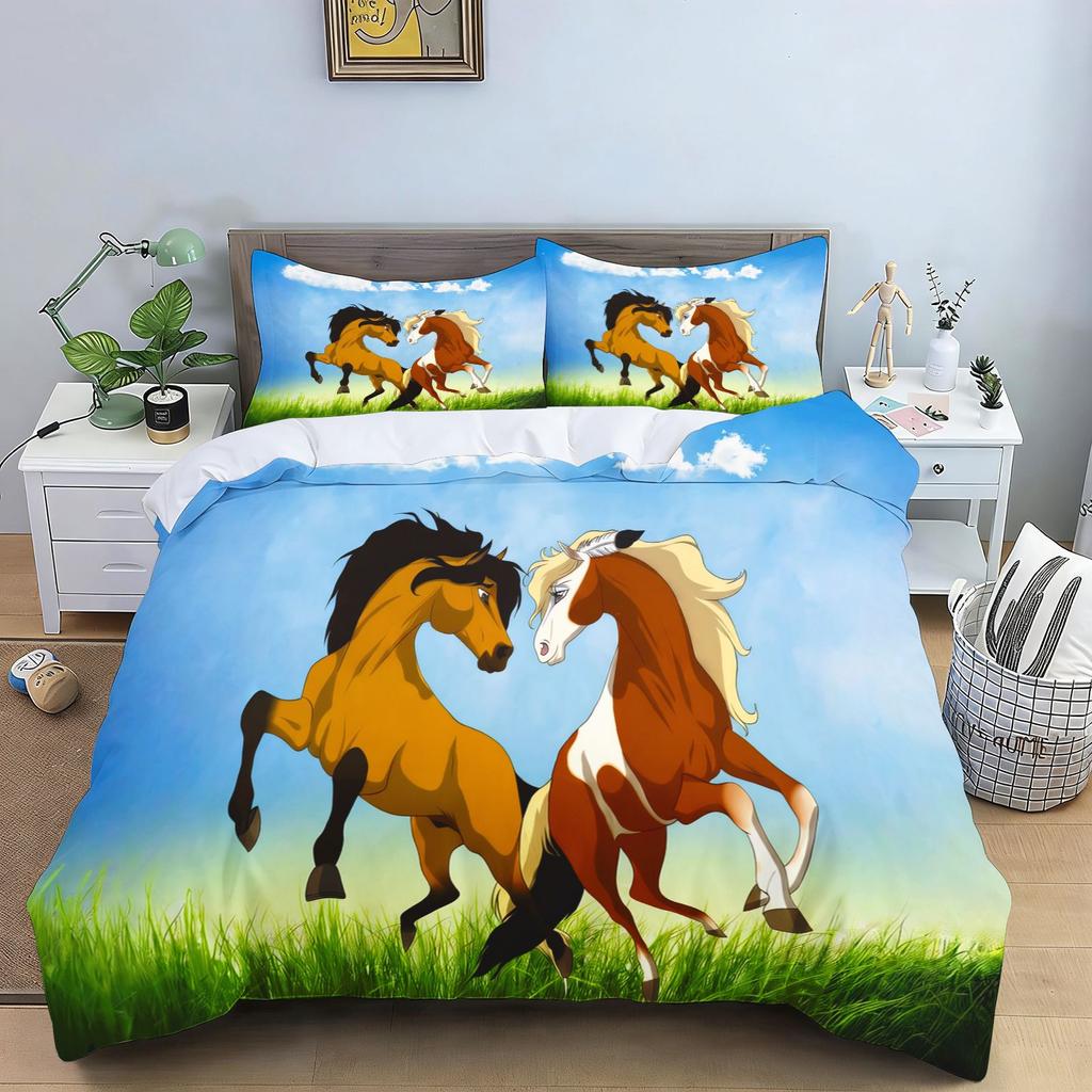 Spirit Riding Free Cartoon Horse Bedding Set Running Horses Print Duvet Cover Pillowcase Soft Kids Bedroom Bed Linens