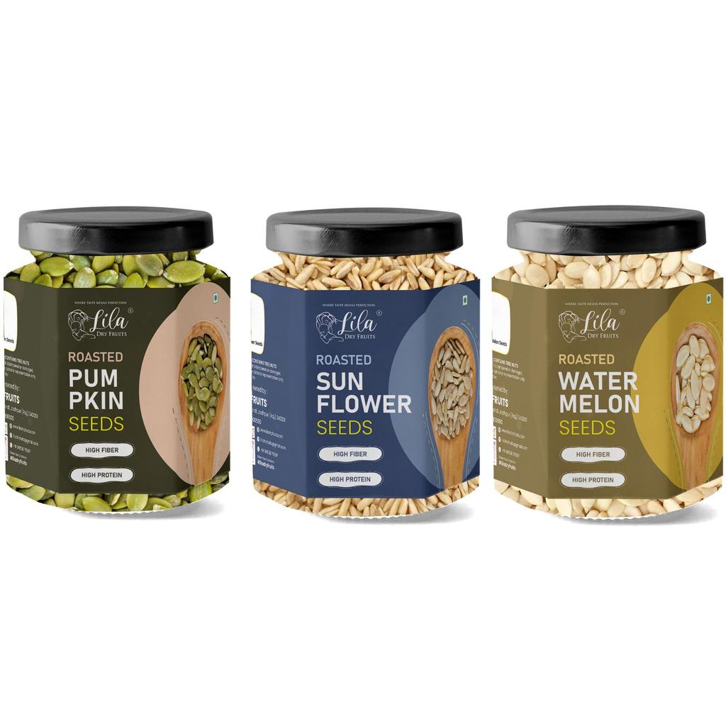 LILA DRY FRUITS Roasted Pumpkin Sunflower Watermelon Seeds Combo Pack 450 Grams (150g x 3) | Super Snack Trio | Crunchy Roasted Seeds Mix | Healt