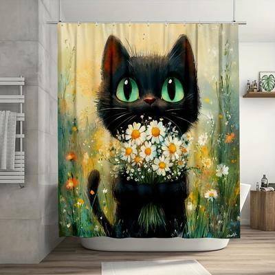 1Pc Charming Black Cat With Green Eyes Shower Curtain, Durable Polyester, Machine Washable, For Bathroom & Window Decor