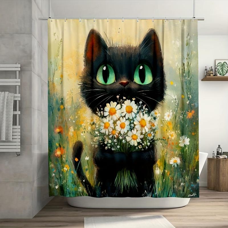 1 Stück Charmante Schwarze Katze mit Grünen Augen Duschvorhang, Strapazierfähiges Polyester, Waschmaschinenfest, für Badezimmer- und Fensterdekoration