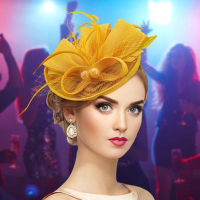 Haut-de-forme Style Rétro Lin Imitation Chapeau Femme Ornement Tête Nœuds Plumes Accents Maille Chapeau Fascinateur Accessoire Cheveux