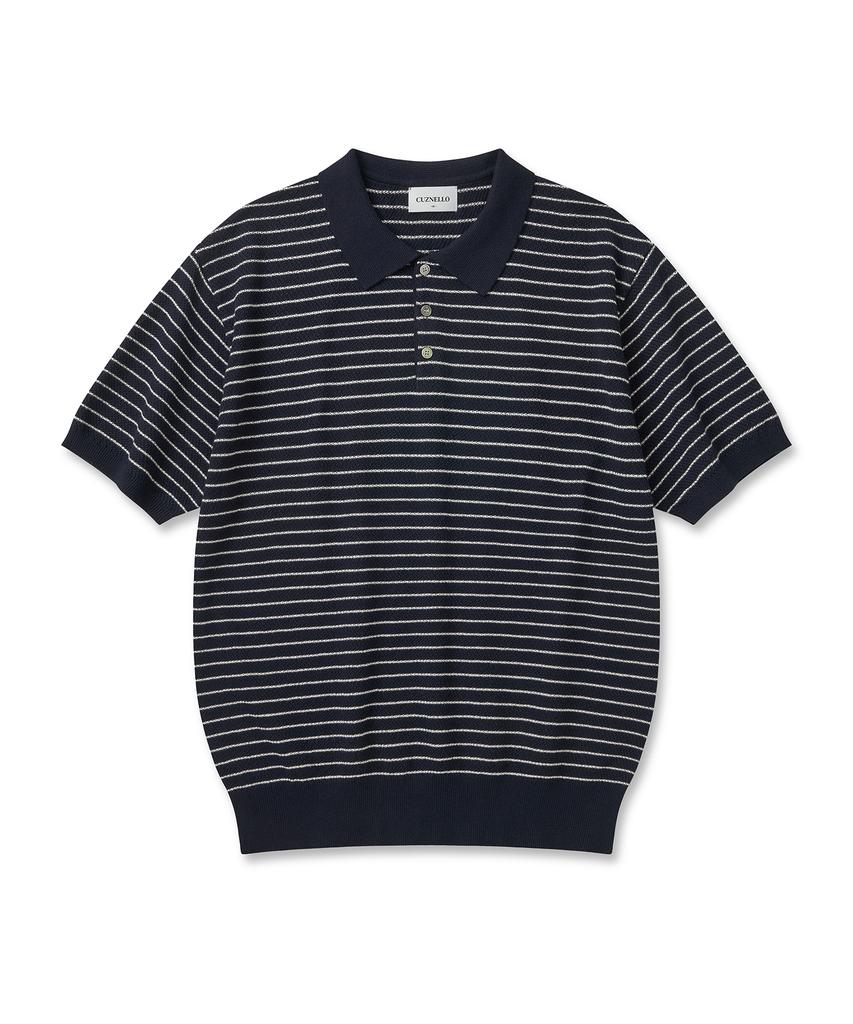 CUZNELLO Cool Cotton Striped Polo Short Sleeve Knit_Navy