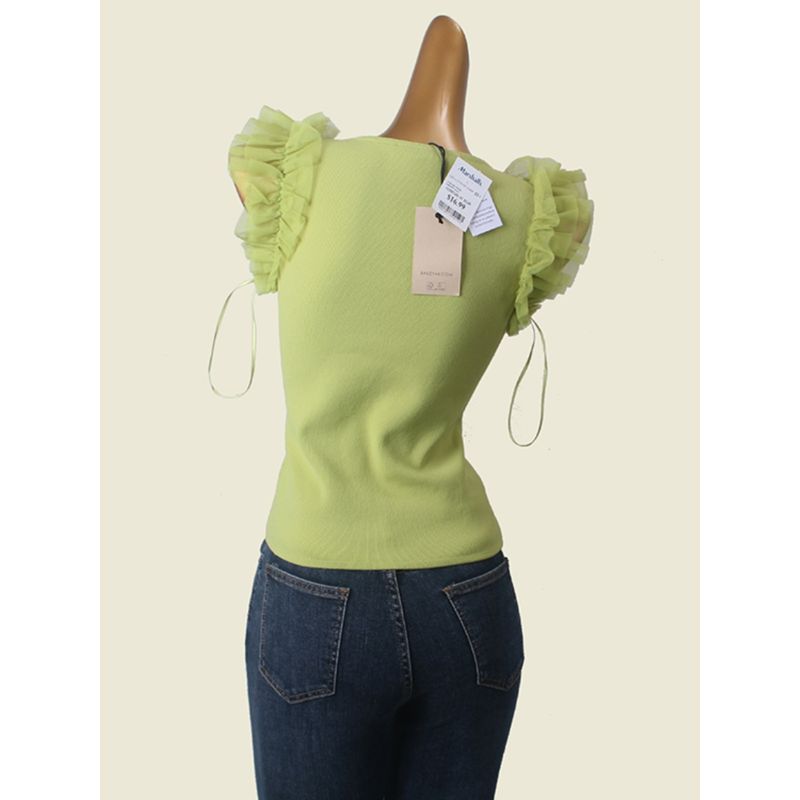 French Sweet Stylish Square Collar Short Sleeve Knitwear Organza Patchwork Sexy Fashion Texture Vest Tops