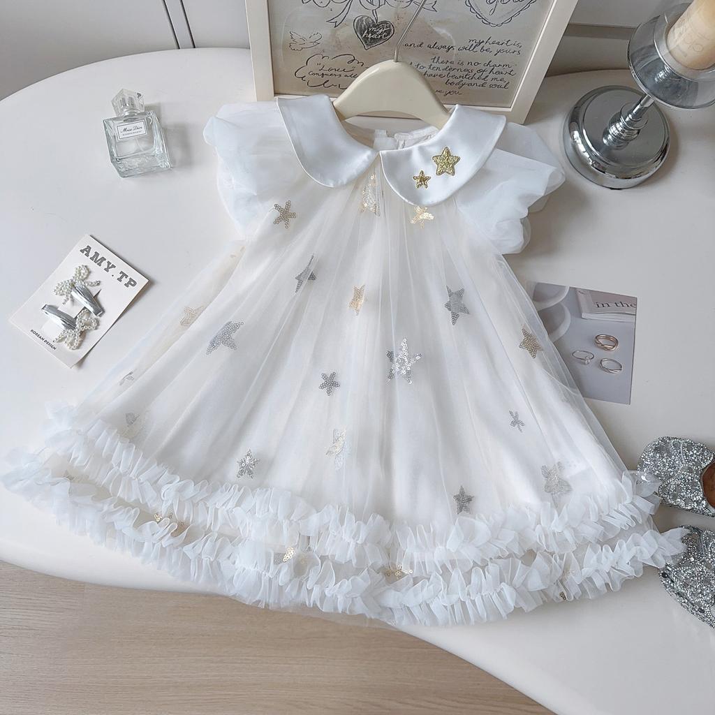 Summer Girls Princess Dress With Puff Sleeves Star Sequins Tulle Skirt Cute Party Gown For Kids