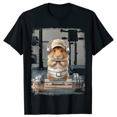 Hamster Deadlift Training Funny Cute Rat Weightlifting Meme Tshirts Men Casual 100 Cotton Loose Crewneck Hip Hop T Shirt