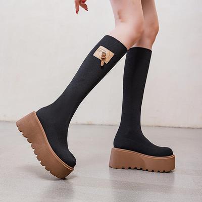 Brown High-Top Knit Platform Boots for Women - 2025 Autumn/Winter Collection