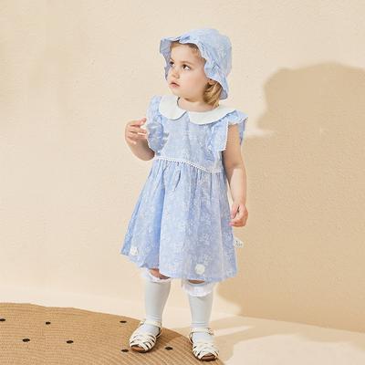 Frühlings- und Sommer-Neues Mädchen Frisches Blau Bedrucktes Kleid mit kleinen Blumen mit Hut