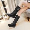 Women Mid Calf Boots Round Toe Flat Platform Mid Heels Crystal Platform Fur Bow Ladies Fashion Shoes Winter Black 44