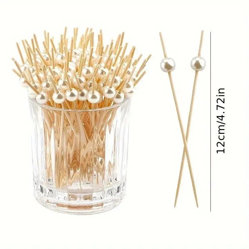 100PCS Disposable Pearl Toothpicks Disposable Bamboo Skewers Fruit Appetizers Cake Desserts Forks Wedding Party Supplies