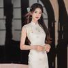 Embroidery white sleeveless national style new Chinese style Suzhou long cheongsam improved young 1011 new women's high sense
