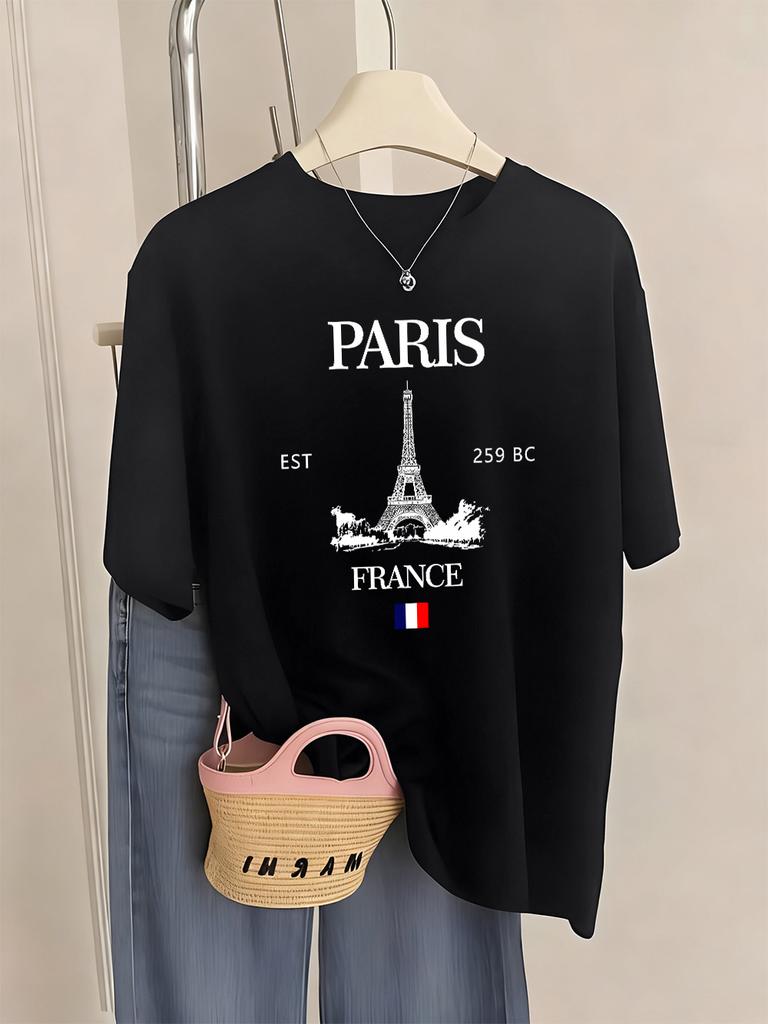 Paris Frankreich Eiffelturm Drucke T-Shirts Damen Sommer Basic Kurzarm Oberteile Rundhals Lockere T-Shirts Basics Weiche Damenkleidung