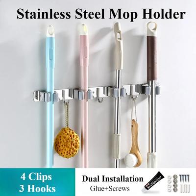 Mop Hook Wall Mounted Broom and Mop Holder with Hooks Bathroom Save Space Metal Mop Clamp Hanger Home Cleaning Item Storage Rack