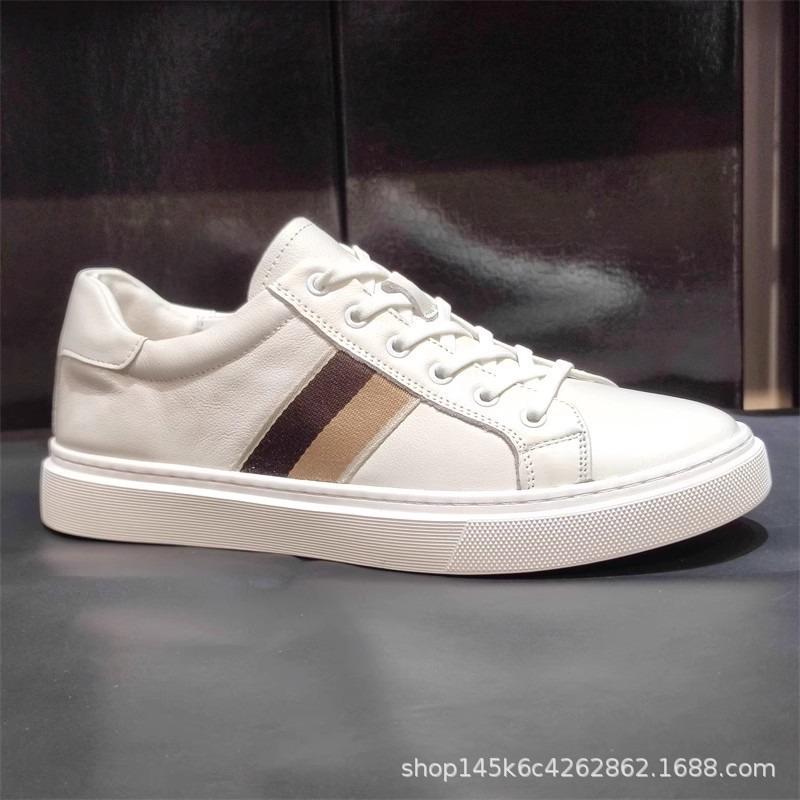 New Shoes for Men Genuine Leather Casual Shoes Trend Striped Flat Skateboard Shoes Street Cool White Sneakers