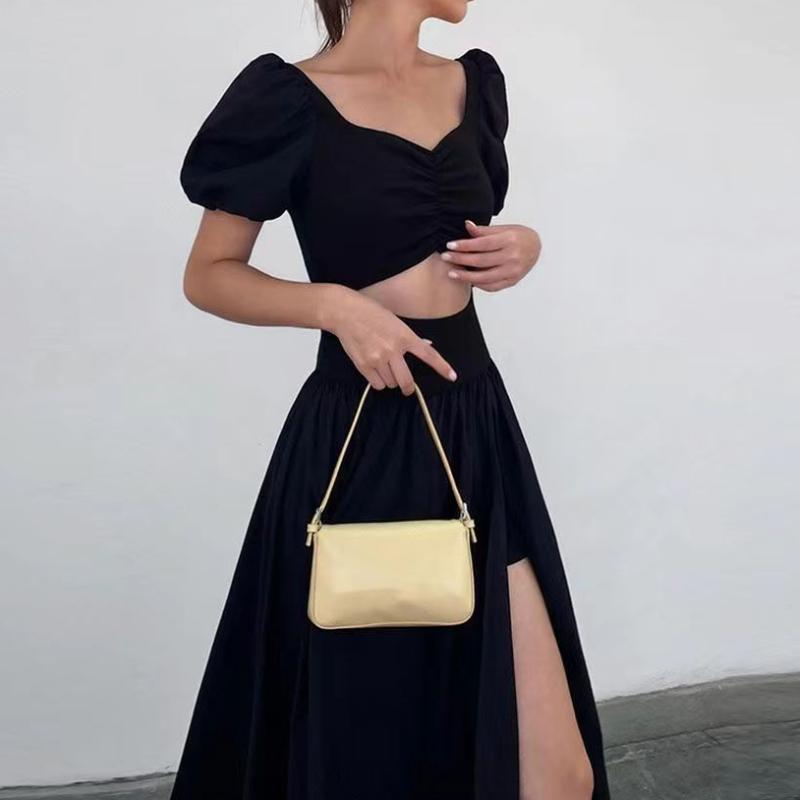French Hollow Out Short Sleeve Black Maxi Dress Women Vintage Warm Square Collar A Line Dresses Female Summer Chic Vented Party Clothes Lady