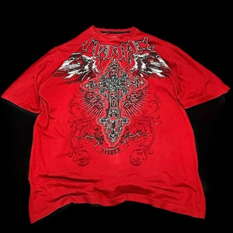 Y2K Red Gothic Thorn Totem Printing Harajuku Style T Shirt High Street Broken Feeling Mens Short Sleeves Couple Collocation