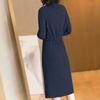 Women's Autumn Elegant Knitted Collar Dress Ladies Mid To Long Simple Skinny Knee Length Dress