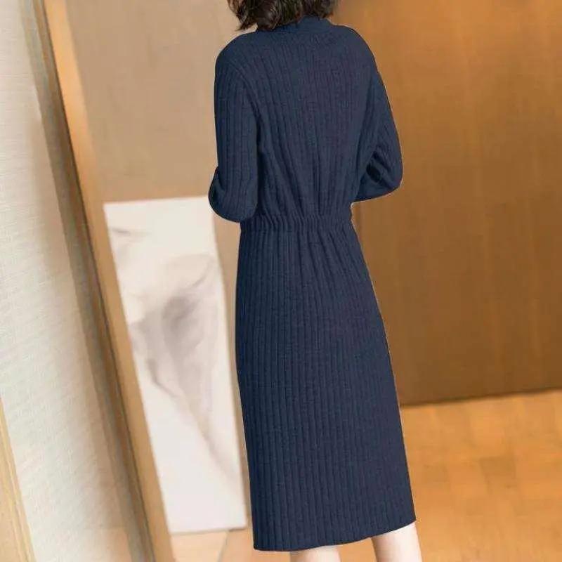 Women's Autumn Elegant Knitted Collar Dress Ladies Mid To Long Simple Skinny Knee Length Dress