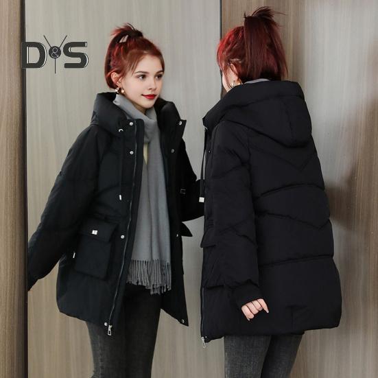 Winter Down Coat Thickened Padded Hooded Pockets Zipper Closure Drawstring Mid Length Windproof Heat Retention Daily Cold Weather Outwear Cotton