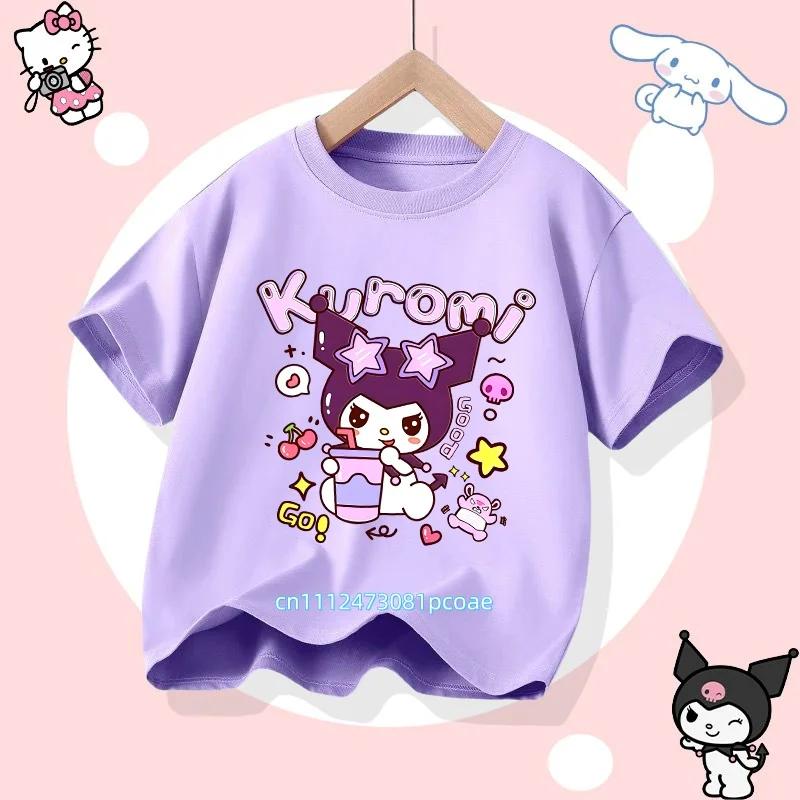 Kuromi Children's Pure Cotton Short-Sleeved Girls' Casual Shirt - Summer T-Shirt with Cartoon Print- Three Little Monkeys Series