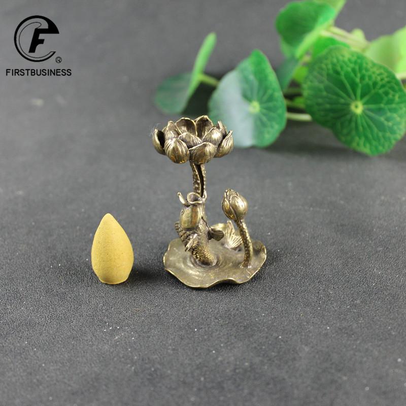 Antique Copper Lotus Flower Goldfish Figurines Miniatures Small Ornament Creative Vintage Brass Censer Home Decor Incense Burner