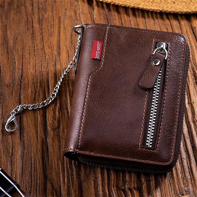 Herren Leder Geldbörse Kurz Reißverschluss Münzbörse Vintage RFID-Blockierend Zweifach gefaltete Geldbörse mit Kartenhalter Foto Fach Ketten Geldbörse Männliche Clutch Geldbörse