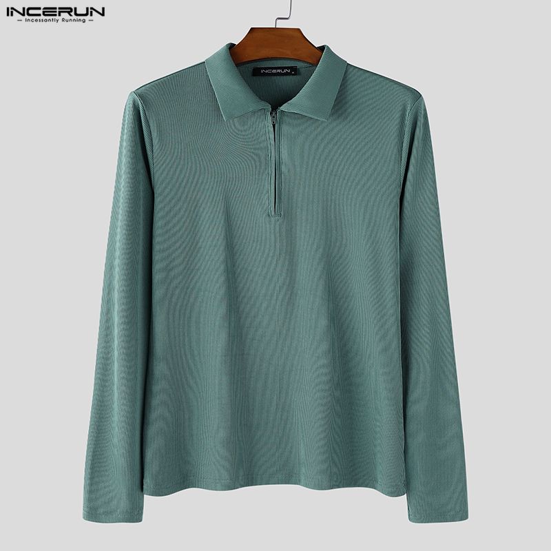 INCERUN Men Lapel Neck Long Sleeve Plain Texture Casual Tops T-Shirts 
