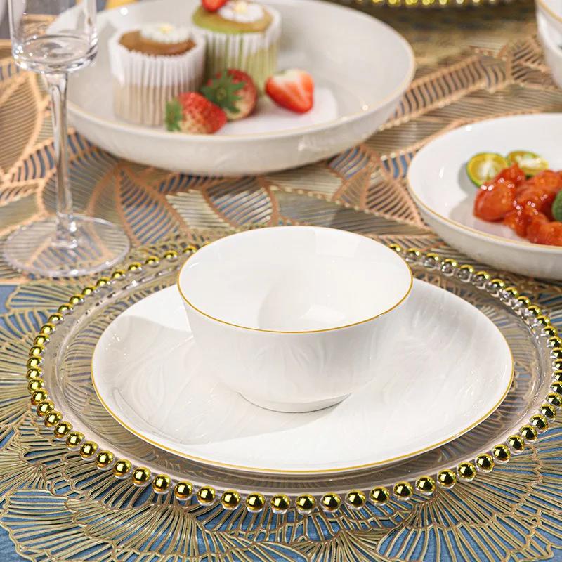 SHUNXIANG Ceramic Bowls Plates White Nordic Relief Dinnerware Dishes Rice Bowl Vegetable Plate Salad Soup Tray Kitchen Tableware