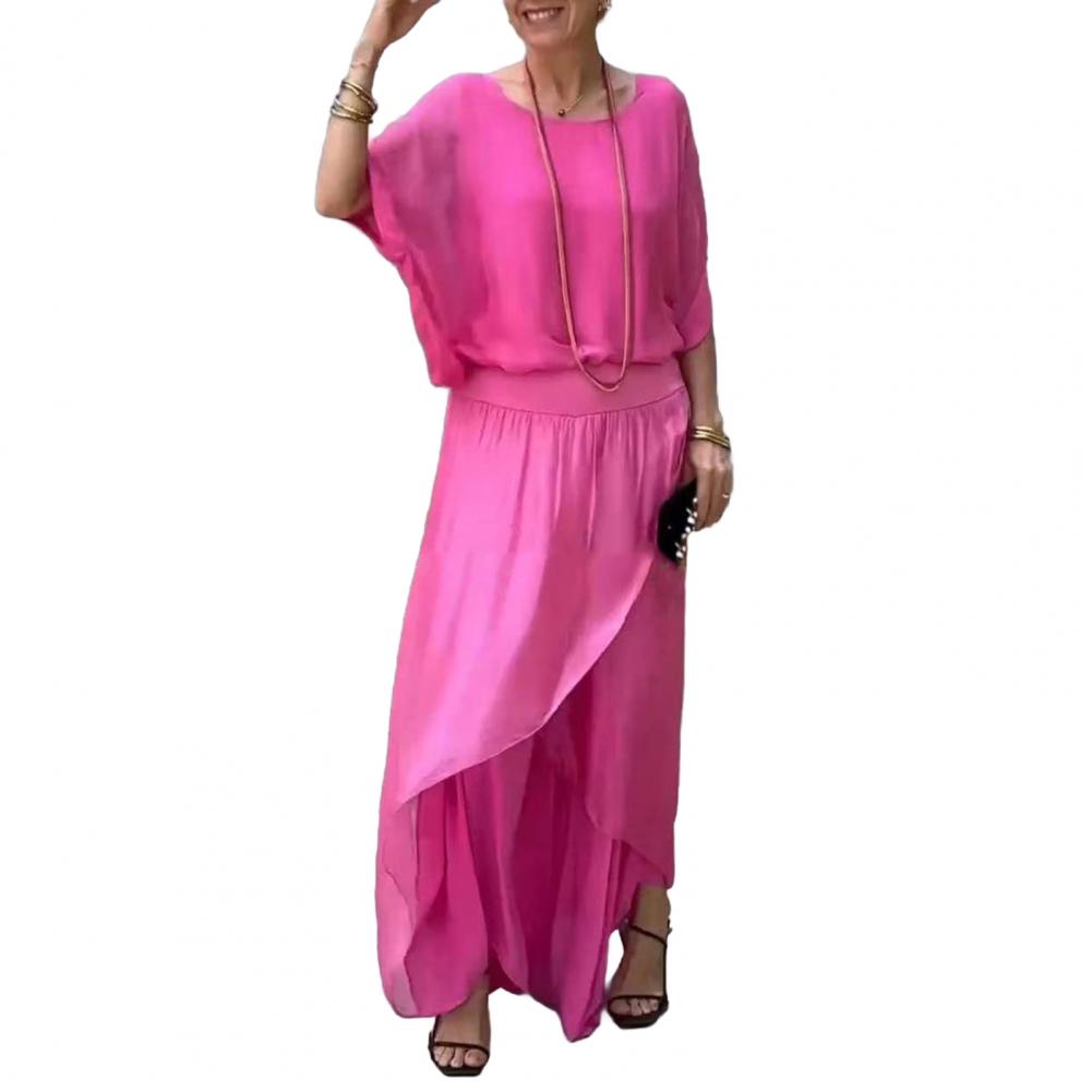 Women Chiffon Top Pants Set Spring Summer Casual Two Piece Crew Neck Top Wide Leg Pant Flowy Wedding Guest Outfit