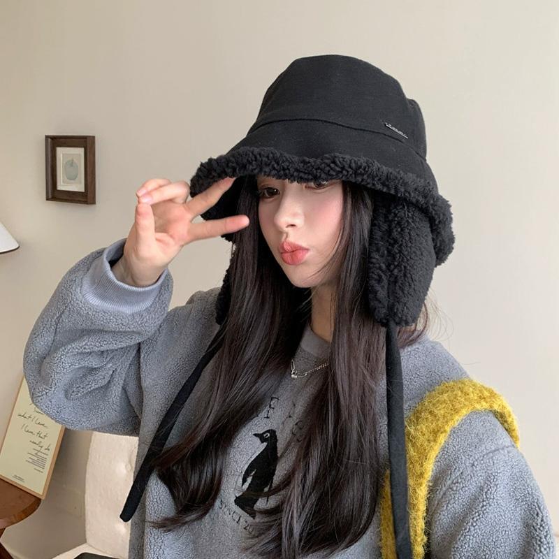 1Pc Bucket Hat Windproof Strap Versatile Lamb's Wool Warm Fisherman Hat Velvet Ear Protection