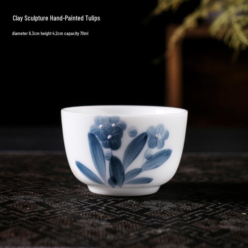 Lamb Fat Jade Hand-Painted Ceramic Gongfu Tea Set with Gaiwan, Tasting, and Host Cups