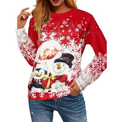 Christmas Snowman Print Loose Sweatshirt, Casual Long Sleeve Crew Neck Sweatshirt, Women's Clothing