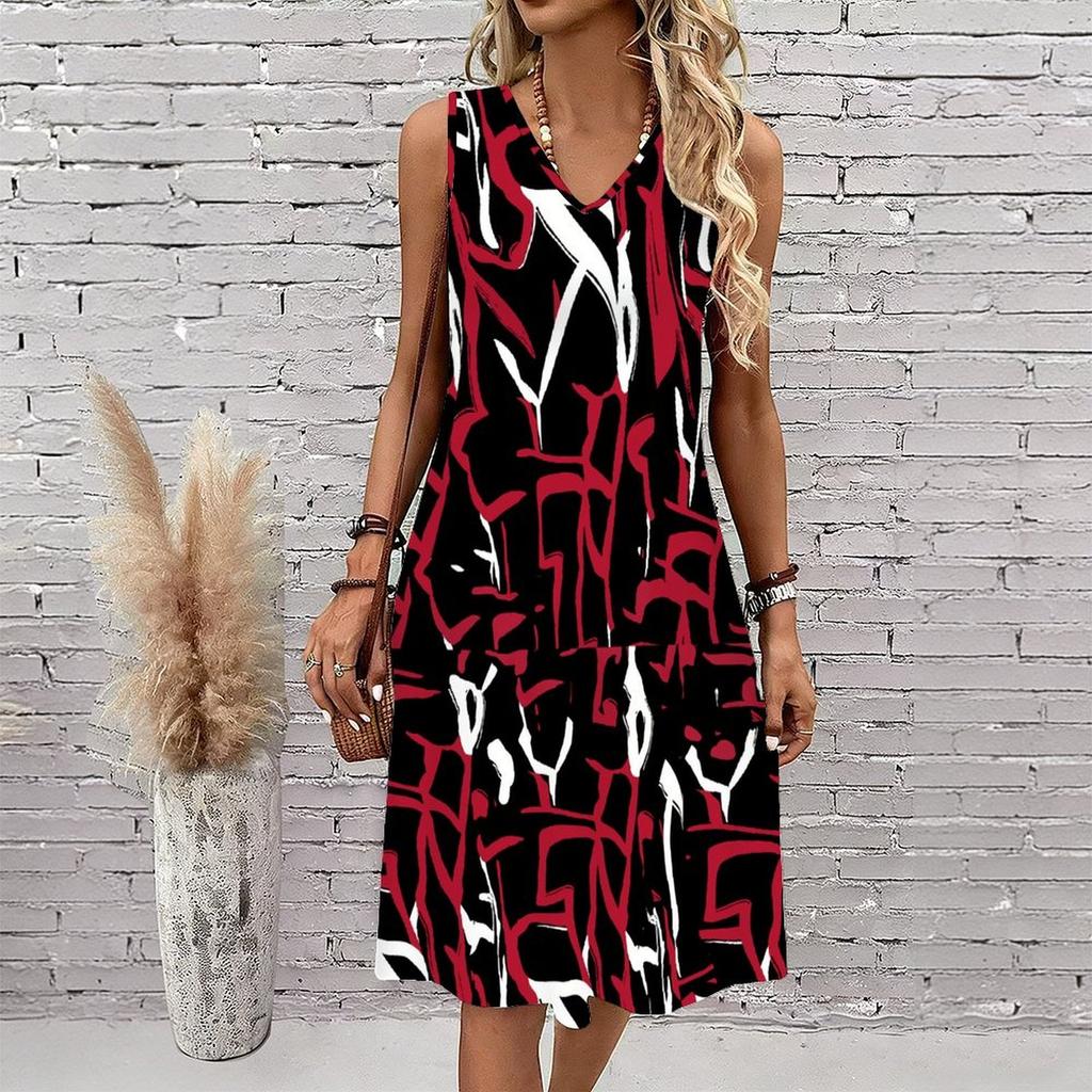 Plus Size V Neck Sleeveless Dress Natural Field Flower Print For Outdoor Picnic