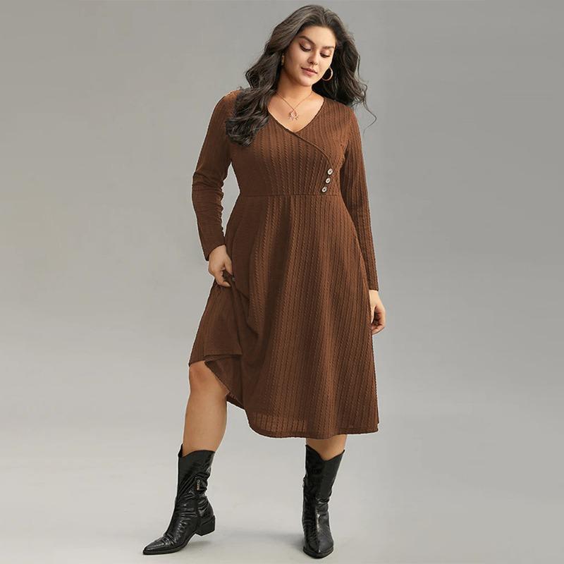 Plus Size Women Fashion V Neck Long Sleeve Solid Casual Commute Midi A Line Dress