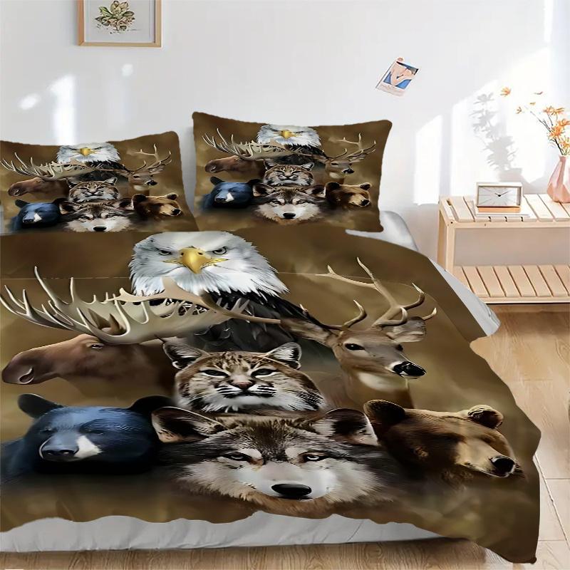 3pcs Wildlife Animal Faces Collage Comforter Set with 1 Quilt Cover and 2 Pillowcases (No Core) - Home Decor, Festival Gift, Polyester Fabric, Anime C