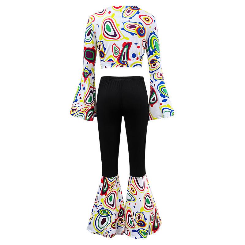 Generation retro disco suit adult women's white printed long-sleeved trousers two-piece performance suit