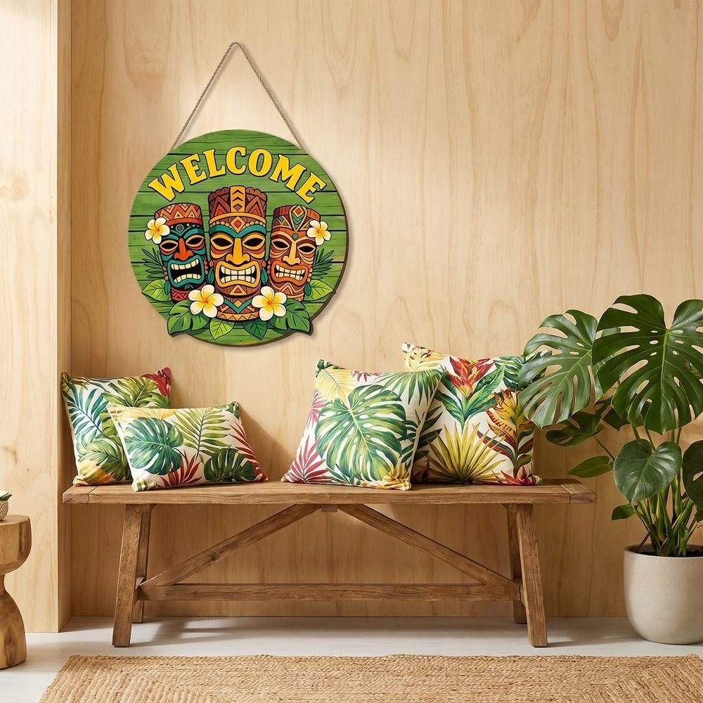 Rustic Summer Theme Hawaiian Tiki Mask Bar Sign Retro Round Bar Signage Handmade Decorative Tags Beach